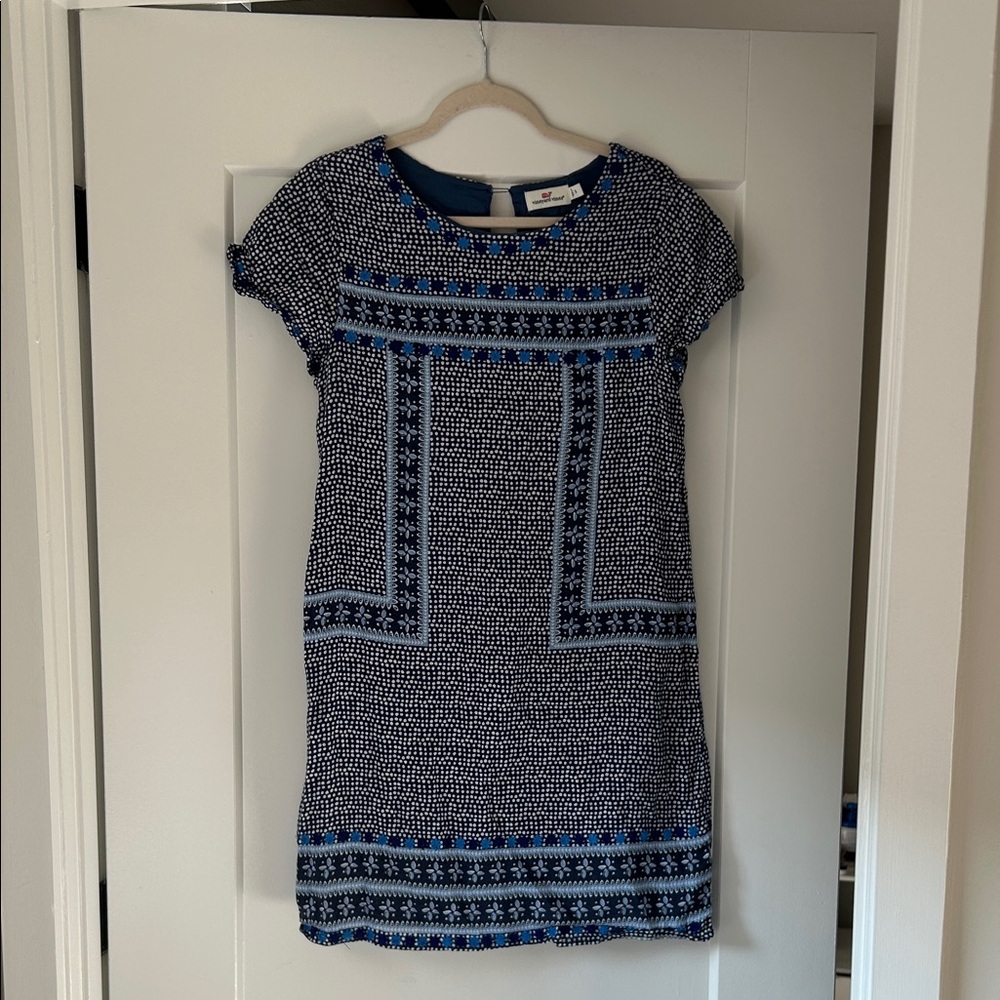 Vineyard Vines Navy and Light Blue Printed Short-Sleeve Mini Dress